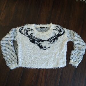 White and Black Fuzzy Sweater with Deer Design